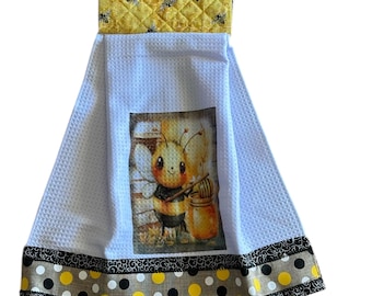 Handmade Whimsical Bee Kitchen Towel – Quilted Topper, Polka Dot Trim, Microfiber Waffle Fabric