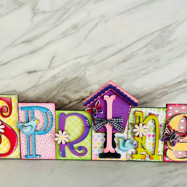 Wooden Spring Letter Word Blocks  I Laser Cut Hand Painted I| Table Decor