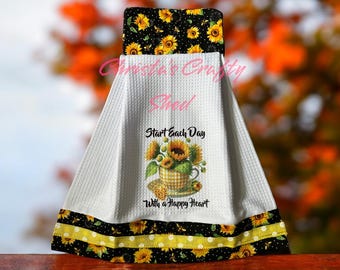 Sunflower Teacup Kitchen Towel Set: Farmhouse Hanging Hand Towels