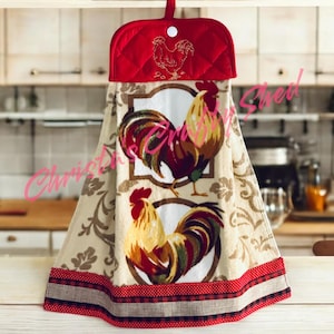 Embroidered  Hanging Potholder Kitchen Rooster Potholder Towel with Polkadot Skirt ~ Cotton Terry Towel-Bridal Shower Gift~Handmade USA