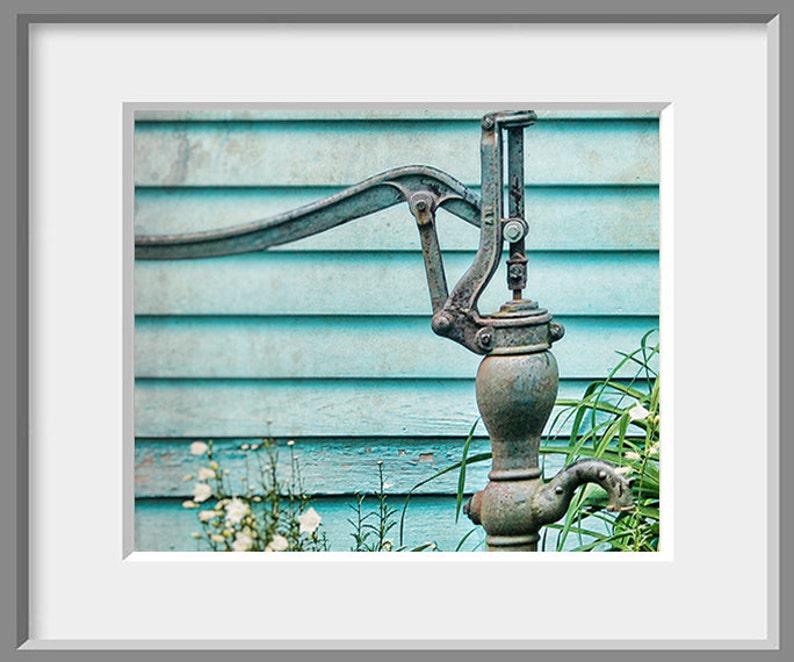 Rustic Water pump Print Teal Bathroom Decor Rustic Kitchen Etsy