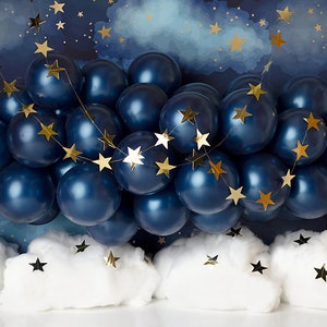 Stars and Sky - Printed Photography Backdrop - Boy Cake Smash Background - Blue Balloon Garland - Space Photography Backdrop - Blue and Gold