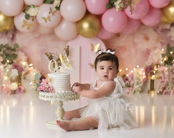 Butterfly Heather - Printed Photography Backdrop - Cake Smash Backdrops - Printed Balloon Arch - Butterfly Backdrop - 1st Birthday
