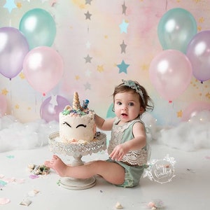 Pastel Watercolor - Printed Photography Backdrop - Unicorn Backdrop - Rainbow Background - Rainbow Star Backdrop - Cake Smash Party Backdrop