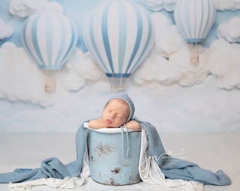 Soft Blue Hot Air - Printed Photography Backdrop - Hot Air Balloon Backdrop - Cake Smash Background - Gender Neutral Backdrop - Boy Smash
