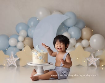 Pastel Moon - Printed Photography Backdrop - Boy Cake Smash Background - Blue Balloon Garland - 1st Birthday Backdrop - Boy Smash Cake
