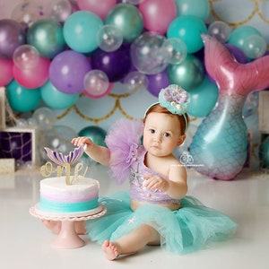 Mermaid Dreams - Printed Photography Backdrop - Mermaid Backdrop - Mermaid Photo Background - Balloon Backdrop - Cake Smash 1st Birthday