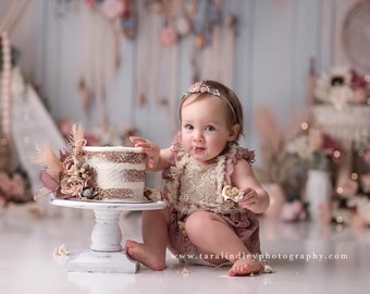 Sierra Boho - Printed Photography Backdrop - Cake Smash Backdrop - Floral Garland and Balloon Printed Background - Teepee - Groovy One