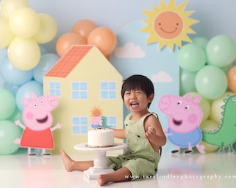 Peppa - Printed Photography Backdrop - Boy Cake Smash Background - Pig Backdrop - Cake Smash Photography Backdrop