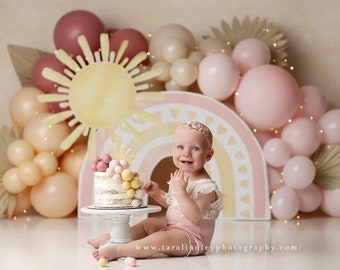Sunshine - Printed Photography Backdrop - Cake Smash Backdrop - Floral Garland and Balloon Printed Background - Groovy One - Groovy Boho