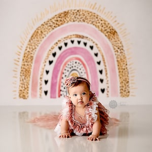Alaire - Printed Photography Backdrop - Boho Girl Background - Pink and Gold Rainbow Backdrop - Cake Smash Backdrop - Heart Rainbow Backdrop