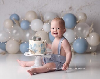 Balloons Over Plaster - Printed Photography Backdrop - Boy Cake Smash Background - Blue Cake Smash - Balloon Backdrop - Boho Cake Smash