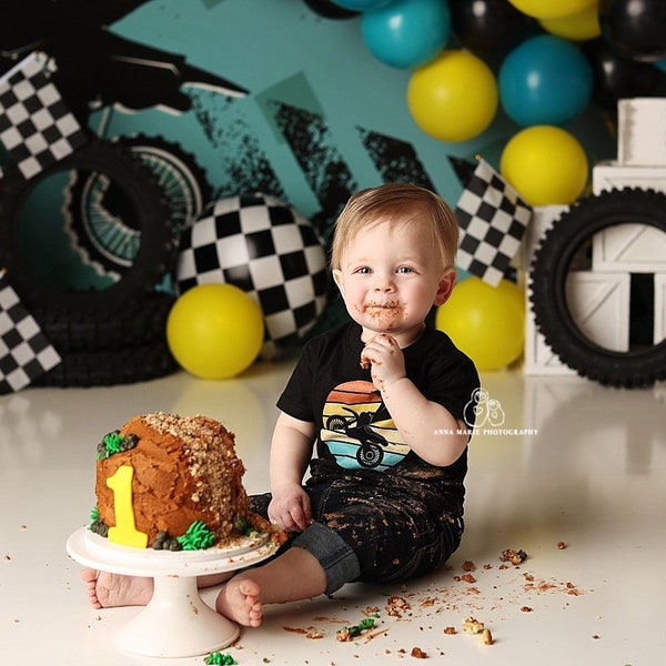 Dirt bike - Printed Photography Backdrop - Boy's Cake Smash Background - Off Road Racing Backdrop Photography Props - 1st Birthday Boy