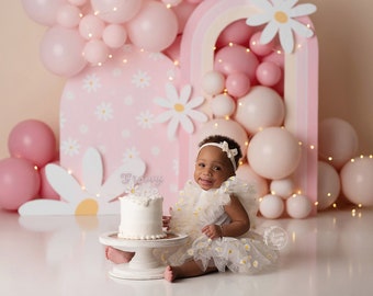 Luna - Printed Photography Backdrop - Cake Smash Backdrop - Floral Garland and Balloon Printed Background - Daisy - Groovy One - Groovy Boho