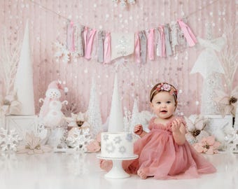 Pink Wonderland Dreams - Printed Photography Backdrop - Winter Onederland Birthday Baby Girl - Snowy Pink Birthday Backdrop - Cake Smash
