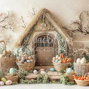 Rabbit Cottage - Printed Photography Backdrop - Easter Backdrop - Bunny Backdrop - Easter Photo Background - Spring Photography backdrop