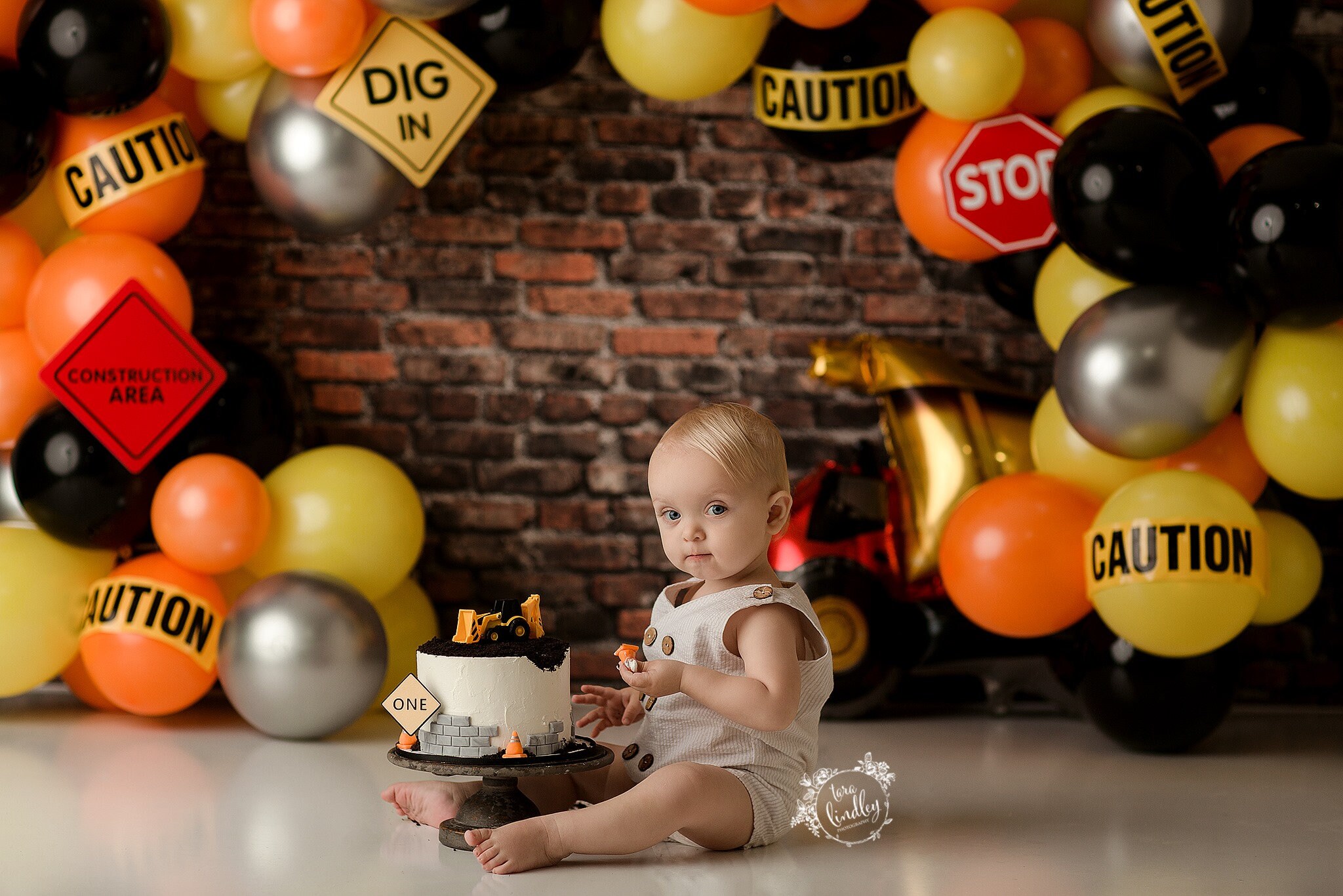 Construction Printed Photography Backdrop Truck Backdrop Balloon Arch Brick Wall Backdrop Construction Zone Backdrop Cake