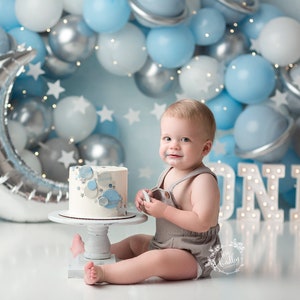 One for the Stars - Printed Photography Backdrop - Boy Cake Smash Background - Blue Balloon Garland - 1st Birthday Backdrop - Boy Smash Cake