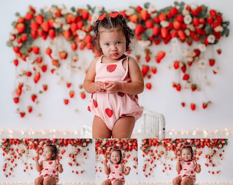 Strawberry Florals - Printed Photography Backdrop - Cake Smash Backdrop - Strawberry Printed Background - Strawberry Cake Smash