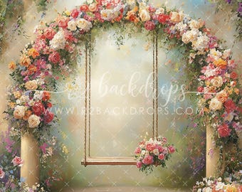 Floral Garden Swing - Printed Photography Backdrop - Hand Painted Background - Spring Portrait Backdrop - Floral Arch Backdrop - Watercolor