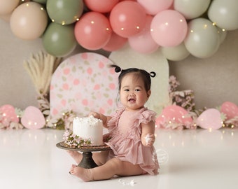 Boho Berry - Printed Photography Backdrop - Cake Smash Backdrop - Floral Garland and Balloon Printed Background - Berry Backdrop - Boho