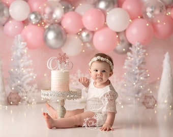 Onederland - Printed Photography Backdrop - Winter Onederland Birthday Baby Girl - Snowy Pink Birthday Backdrop - Cake Smash Backdrops