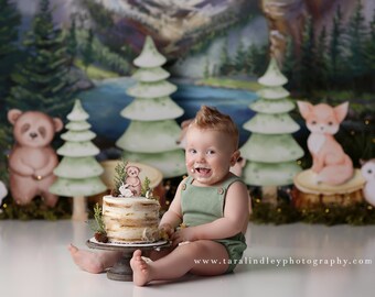 Lakeside Friends - Printed Photography Backdrop - Forest Background Cake Smash Backdrop - Wild One Birthday Backdrops First Birthday