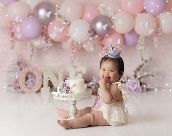 Shirley Marie - Printed Photography Backdrop - Cake Smash Backdrop - Floral Garland and Balloon Printed Background - Pink Cake Smash - Girly