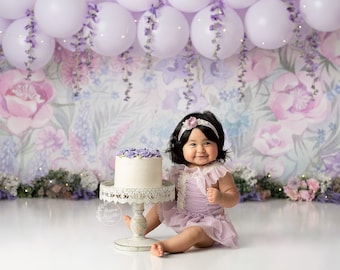 Ciara - Printed Photography Backdrop - Balloon Arch Background - Floral Balloon Birthday Set Up - Girl Cake Smash Background for Photography