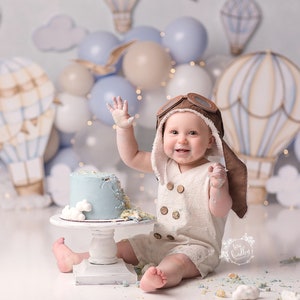 Pastel Blue Hot Air Dreams - Hot Air Balloon Backdrop - Cake Smash Background - Gender Neutral Backdrop - Sky Background - Boy Cake Smash