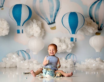 7x5ft Hete Luchtballon Fotografie Achtergrond – Blauwe Lucht Met Wolken – Polyester – Voor Baby Shower, Verjaardag, Studio En Taart Smash