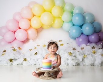 Rainbow Balloons - Printed Photography Backdrop - Rainbow Baby Backdrop - Balloon Garland Background - Rainbow Cake Smash Backdrop
