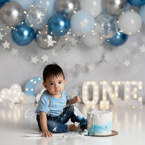 Moon and Stars - Printed Photography Backdrop - Boy Cake Smash Background - Blue Balloon Garland - Sky Blue Boy Birthday - Studio Photo Prop