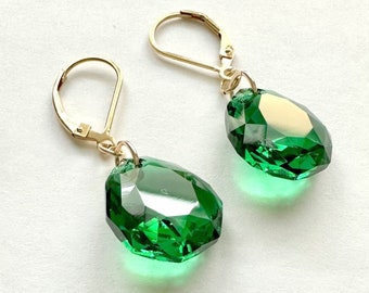 Majestic Green Crystal Earrings: Emerald Green, Gold Filled, Lever Backs, 16mm
