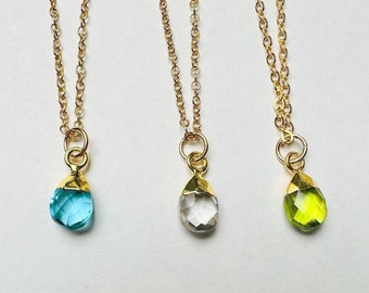 Teardrop Gemstone Necklace: Aquamarine, Crystal Quartz, Peridot, 14k Gold Filled, Birthstone