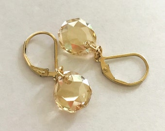 Golden Shadow Crystal Earrings: Gold Filled, Lever Backs, Honey Golden, 11.5mm Rounded Teardrop