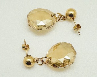 Golden Shadow Crystal Earrings:  3 Styles Ear Wires, 14k Gold Filled, 16mm Rounded Teardrop