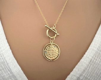 Gold Filled Ancient Coin Toggle Necklace: Inlaid CZ Pendant, Gold Medallion