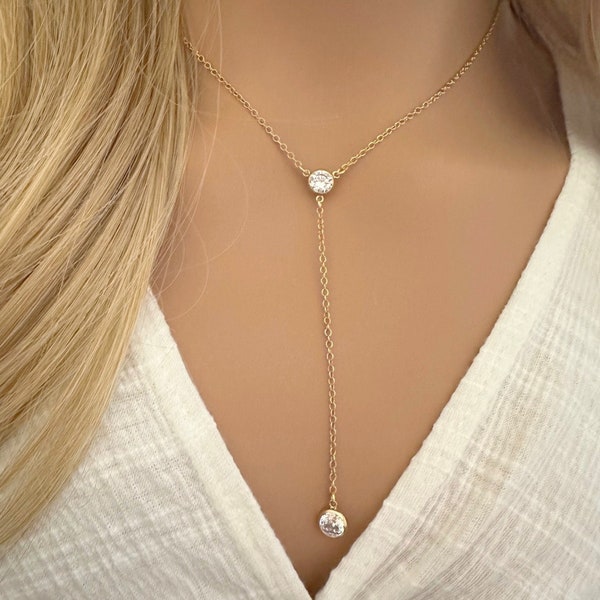 Dainty 14K Gold Filled Lariat Necklace, Gold Y Necklace With Bezel Set CZ Stones, Long Gold Necklace, Delicate Bridal Necklace