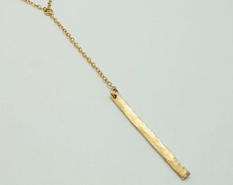 Gold Filled Hammered Vertical Bar Y Necklace: Minimalist Drop Chain Jewelry