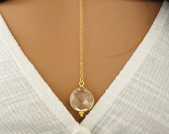 Clear Crystal Quartz Y Necklace: 14k Gold Filled, Bezel Set, Rock Crystal, Bohemian