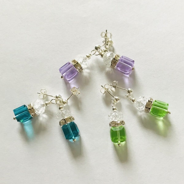 Swarovski Crystal Cube Earrings, Peridot Cube, Indicolite Blue Cube, Violet Cube, Sterling Silver Post Ear Wires, Delicate Small Earrings