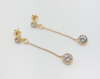 CZ Gold Filled Chain Earrings: Bezel Set Cubic Zirconia, CZ Post Ear Wires
