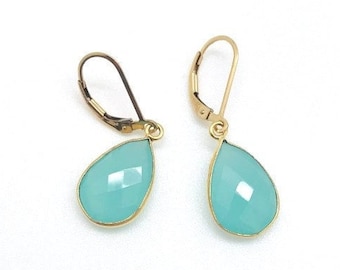 Small Faceted Aqua Chalcedony Teardrop Earrings, 14k Gold Filled Lever Back Earrings, Gold Vermeil Bezel Setting, Delicate Earrings