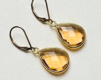 Champagne Quartz Earrings: Teardrop, 14k Gold Filled, Lever Backs, Bezel Set