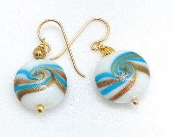 White Turquoise Gold Swirl Lampwork Earrings, 14k Gold Filled Ear Wires, Artisan Glass