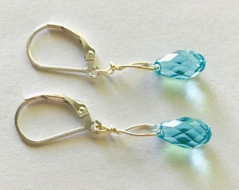 Small Light Turquoise Austrian Crystal Teardrop Earrings, Sterling Silver Lever Back Ear Wires, Delicate Tiny Dainty Earrings, Free Shipping