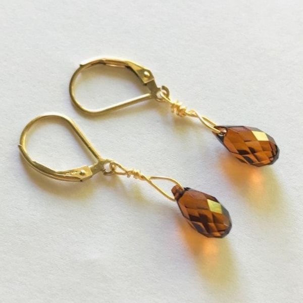 Smoked Amber Austrian Crystal Teardrop Earrings, 14k Gold Filled Lever Back Ear Wires, Dainty Delicate Small Tiny Earrings, Free Shipping