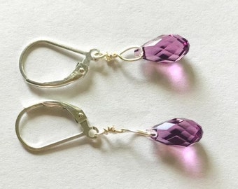 Small Purple Iris Austrian Crystal Teardrop Earrings, Sterling Silver Lever Back Ear Wires, Delicate Tiny Dainty Earrings, Free Shipping