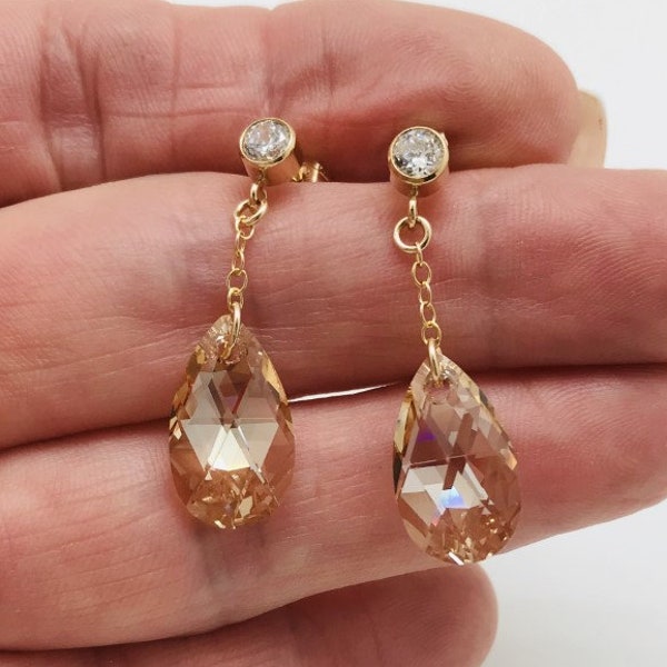 Gold Champagne Crystal Earrings, Faceted Swarovski Golden Shadow Crystal, 14k Gold Filled Bezel Set CZ Post Ear Wire, Delicate Earrings